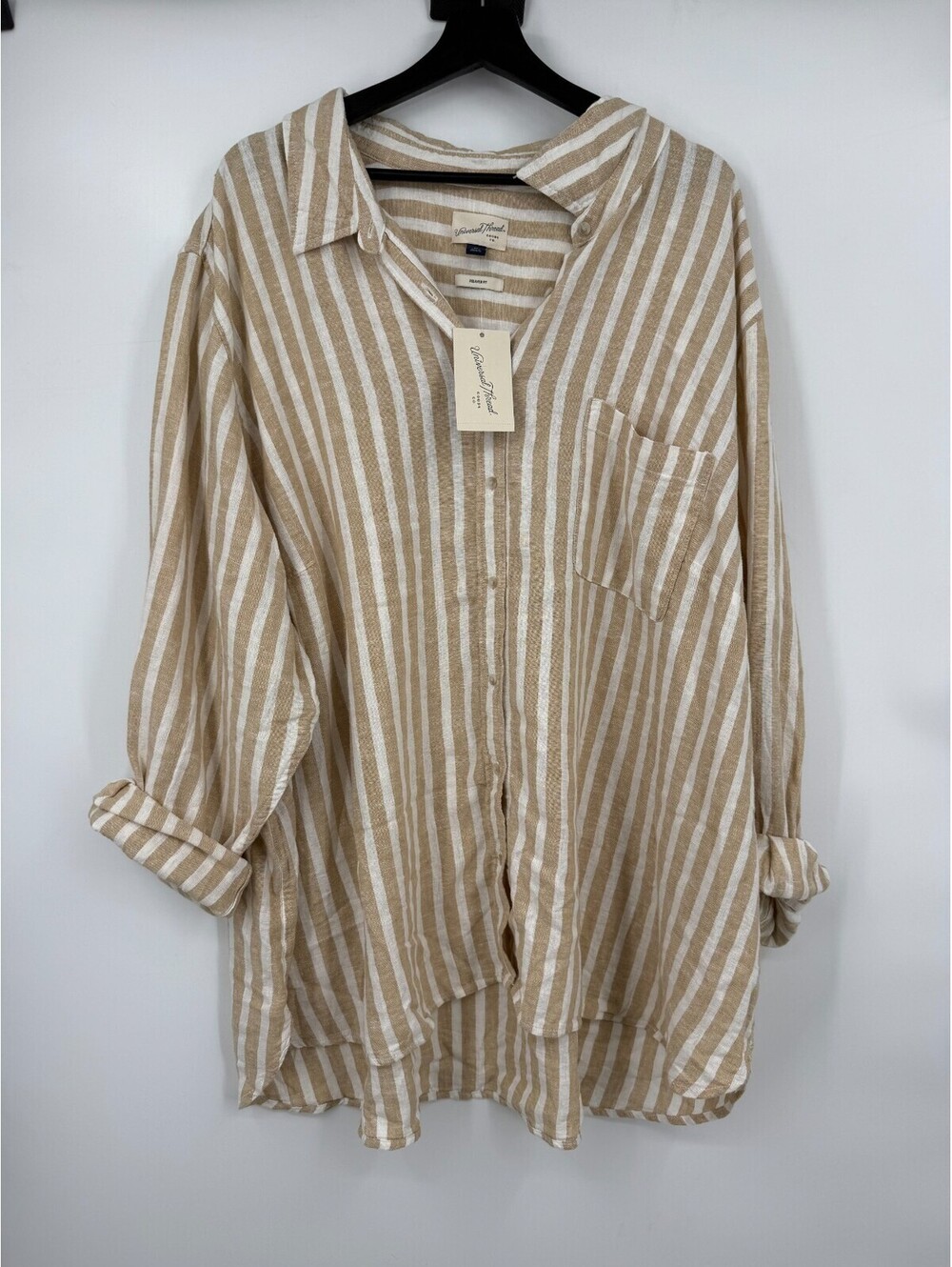 Universal Thread Womens Button-Up Shirt Tan White Striped Pockets Oversized 4X